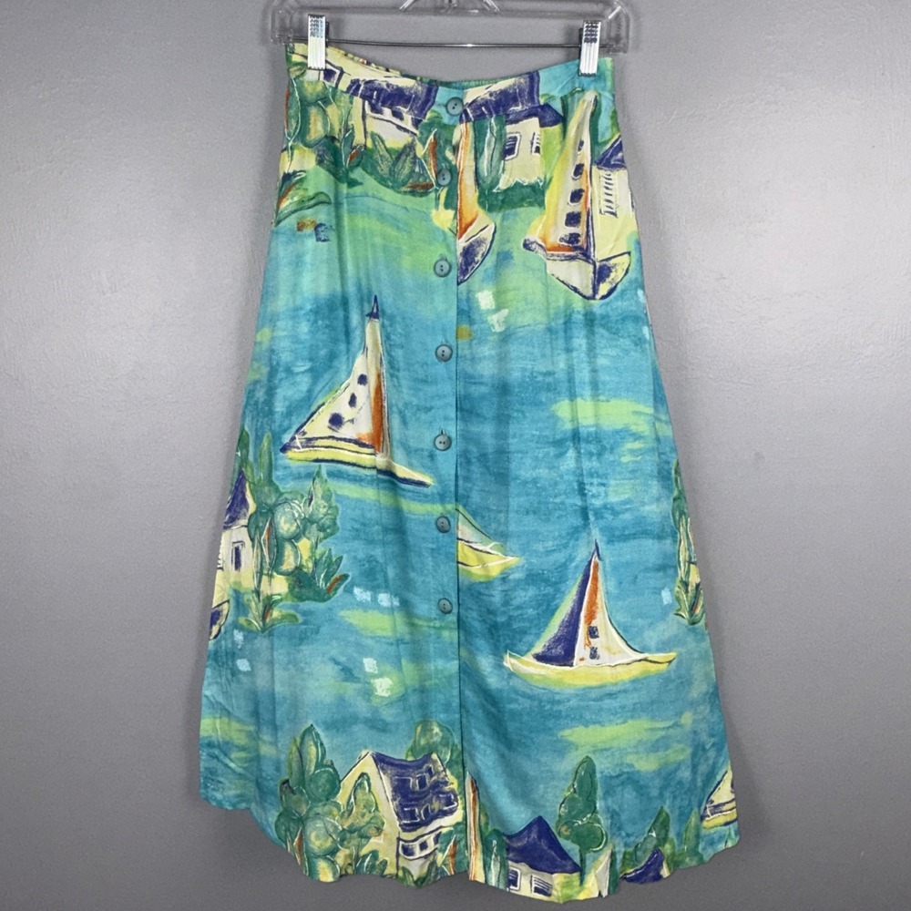 Sea Suns Vintage Skirt Women's Small Sailboat Scene Printed Tropical Flowy